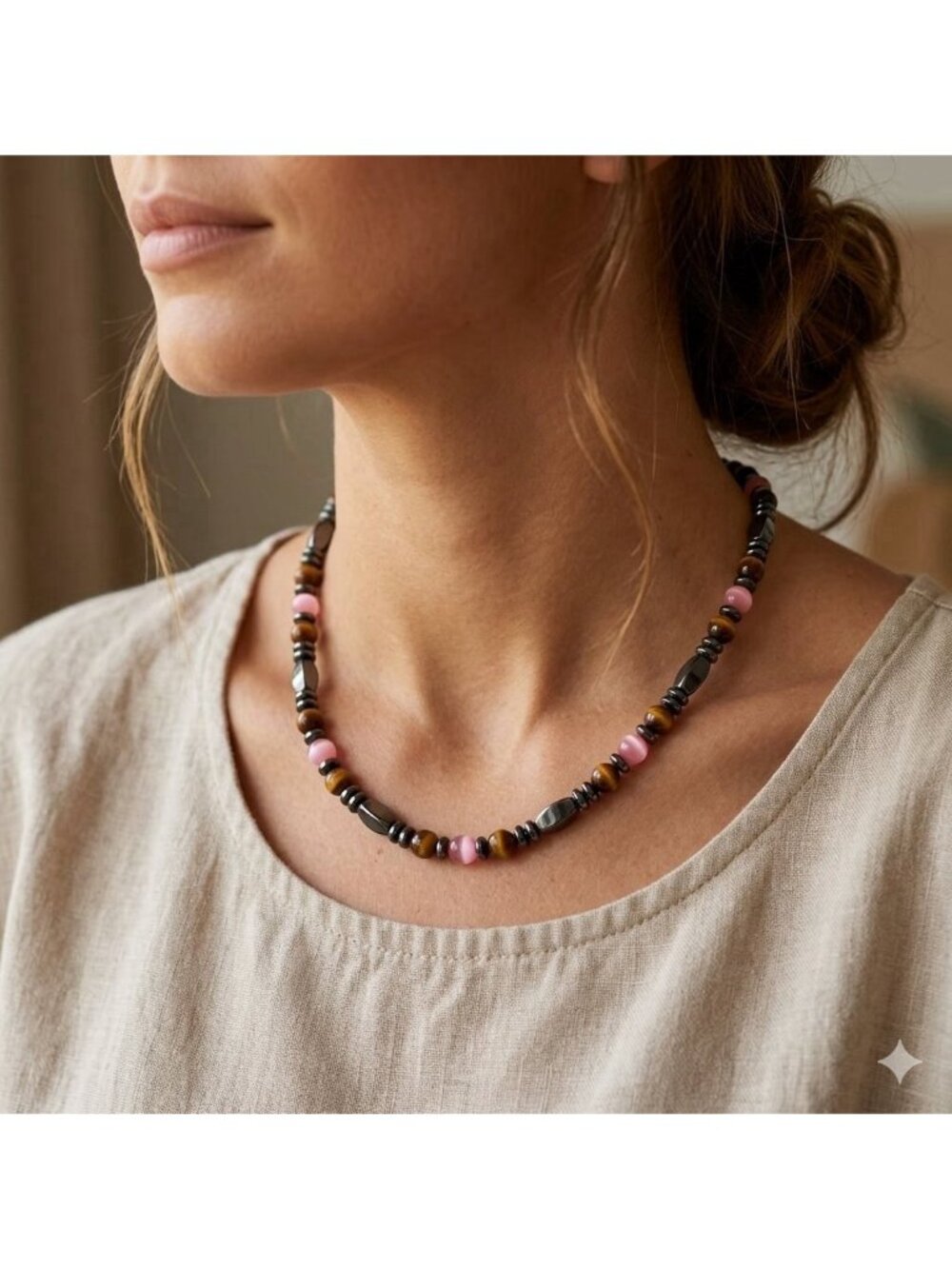 Magnetic Hematite Therapy Necklace Pink Caramel Cats Eye Beaded Choker Y2K - 19”